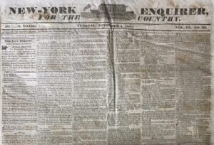 This page of the New York Enquirer includes an article announcing a meeting being held at Tammany Hall and calls all members of the “old republican party” to attend. Jackson supporters highlight Jackson’s democratic virtues and heroic military legacy from the War of 1812. This announcement is a great example of the way newspapers were often used as avenues to alert members of the community to events in their area.