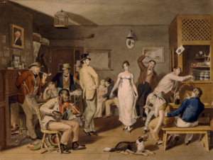 This artistic rendering of a country tavern depicts people drinking and dancing while an African man plays the fiddle. This tavern scene is a representation of what kinds of music and activities might have been carried out inside a place of business such as the one found at the Mount Vernon. 